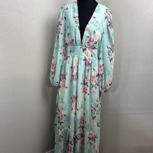 Chicme Dress Women's Large Teal Floral Ruffle Sleeve V-Neck‎ Cottagecore Flowy